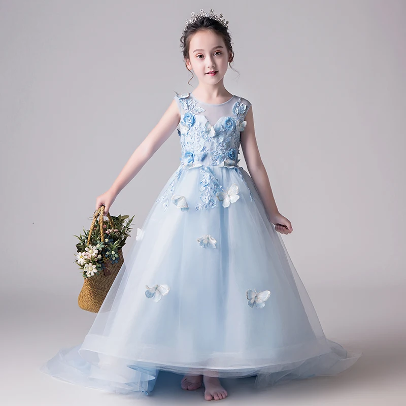 Свадебные платья с длинным шлейфом для девочек Элегантное синее Тюлевое платье