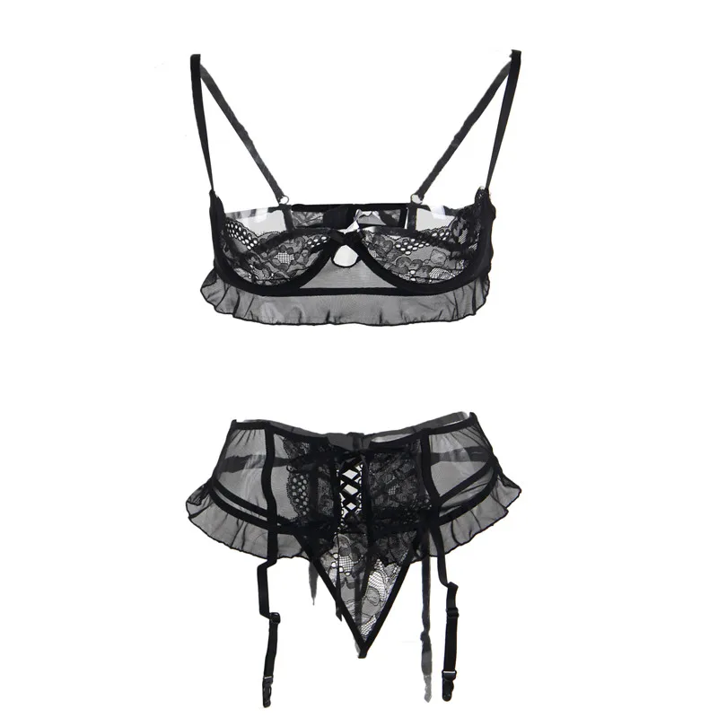 Comeonlover Lenceria Erotica jartier сексуальный комплект экзотическое ночное белье Черное кружево 3 шт. открытый промежность плюс сексуальный бюстгальтер открытая чашка RI80512