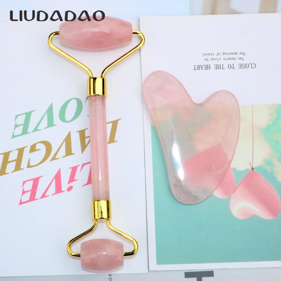 LIUDADAO набор для массажа лица с двойной головкой ролики палочки GuaSha Jade 2 шт. массажер Натуральный Камень Роза кварцевые средства для ухода за телом здоровье