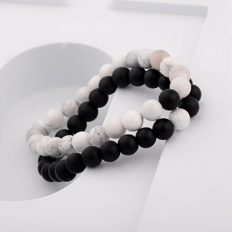 Amader Charm браслет для пары Classic натуральный камень белый и черный инь янь из бисера