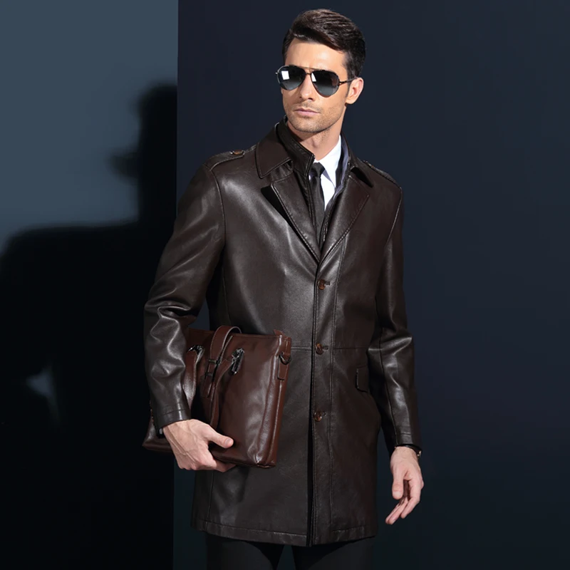 Winter Men pu Leather Long Jackets Business Casual Turn-Collar Thick Outwear and Coats Chaqueta Cuero Hombre | Мужская одежда