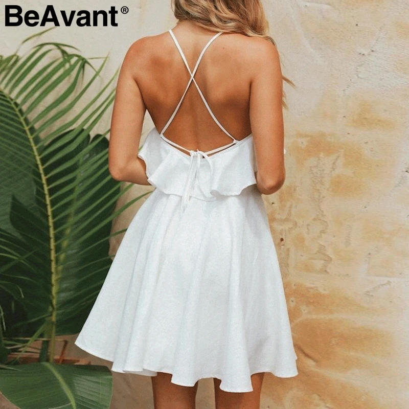 BeAvant Ruffled v-neck women sun dresses summer 2019 A-line strap cotton short dress High waist backless ladies vestidos | Женская
