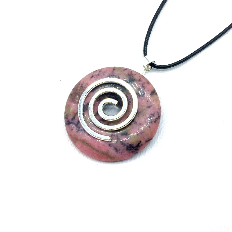 rhodonite Из натуральных круглых камней пончик 40 мм со спиральным держателем проволоки ожерелье кулон с шнуром - Окраска металла: rhodonite
