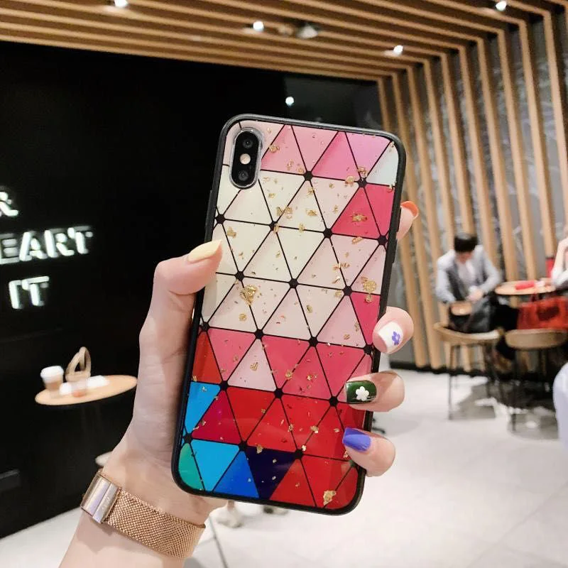 Fashion Geometry Triangle Case for iPhone X XS Max XR Glossy Hard Capa Fundas 8 7 6 6S Plus Luxury Gold Foil Covers |
