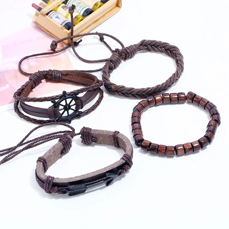 Punk Rock Vintage Fashion Handmade Bracelet Genuine Leather Arrow Rudder Beads Woven Charm Wristbands Bangle Multi-layer Jewelry | Украшения