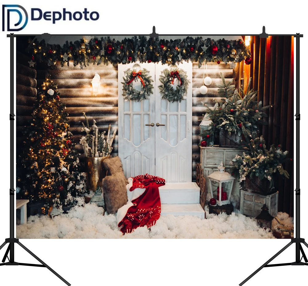 Фон для фотосъемки с изображением рождественской елки венок Деревянный Дом