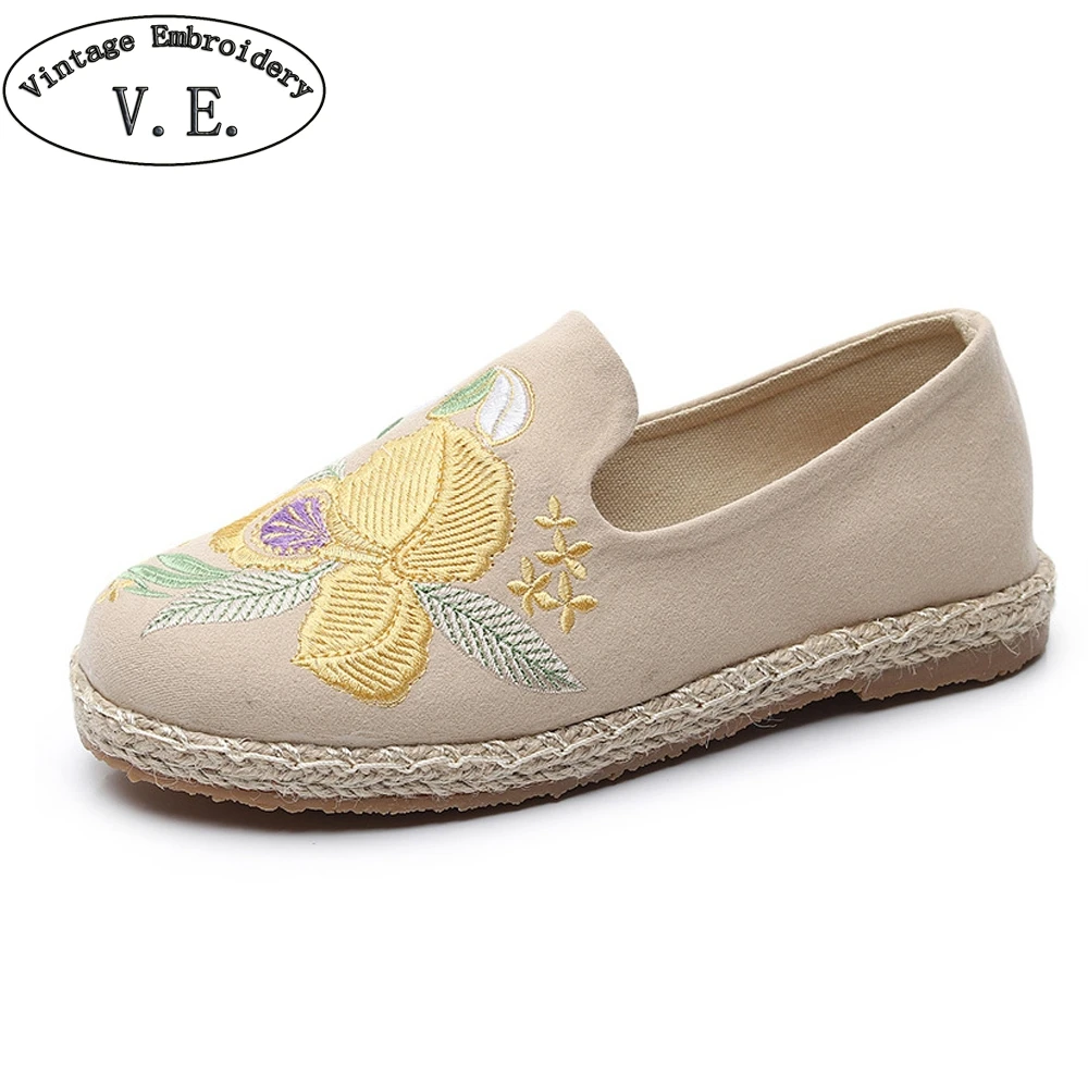 Винтаж ткань хлопок с вышивкой пара тапочек из Лена и Для женщин слипоны на