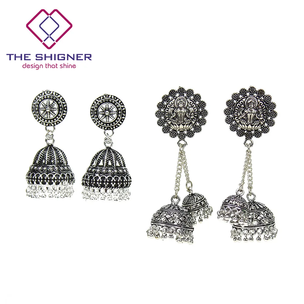 Серьги-подвески в индийском Болливуде с окисленным немецким серебром Jhumka Jhumki