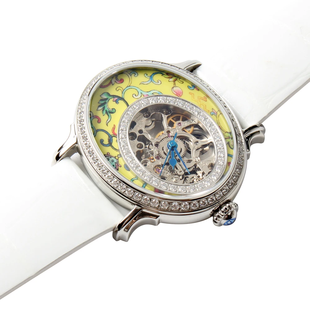 Seagull овальная форма элегантные стразы Цветочный циферблат Женские Механические