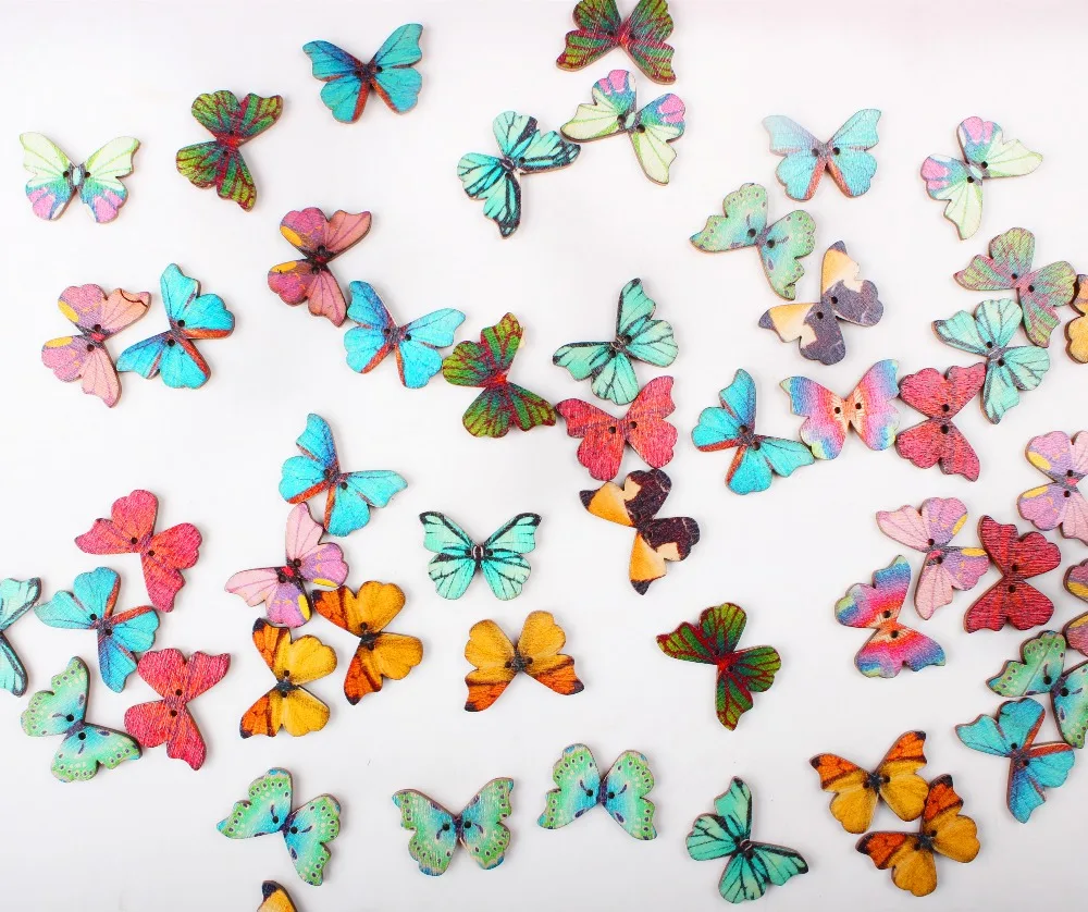 50 шт./лот Разноцветные деревянные пуговицы с 2 отверстиями смешанные бабочки для