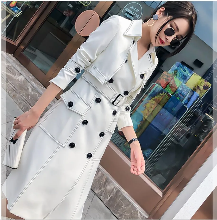 

2019 new Vintage double breasted white trench coat for women Sashes slim long trench female Winter office solid trench dress