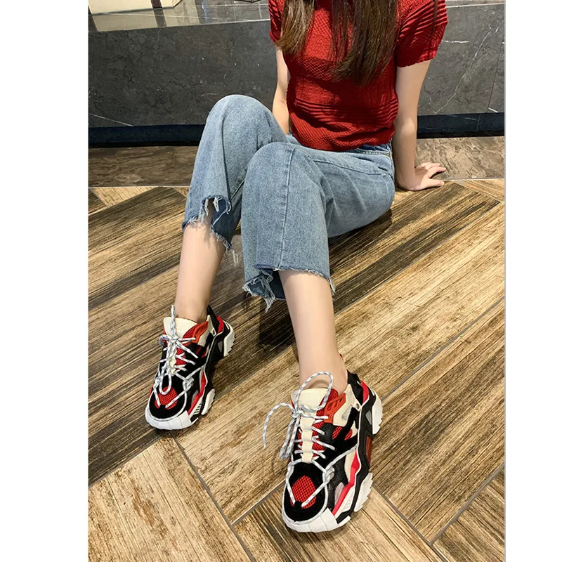 Женские кроссовки на платформе GCYFWJ желто красные Светоотражающие шнуровке XF299