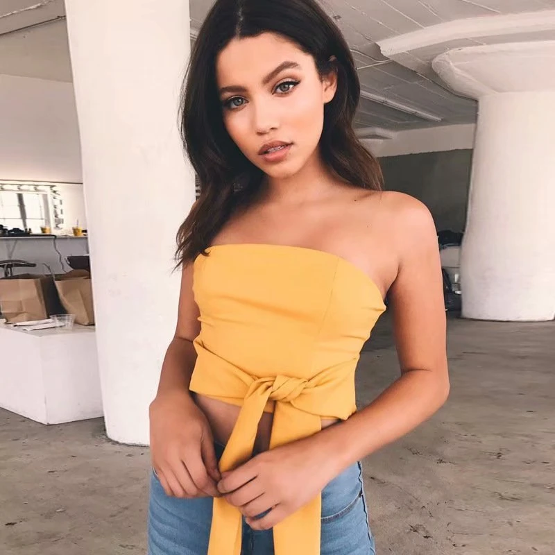 T MODA Новое поступление 2018 Сексуальная бинты бант Crop танки с плеча топы для Для