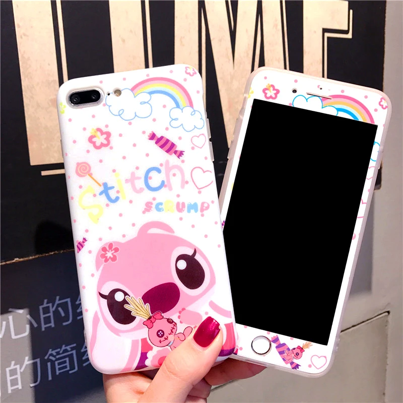 For iphone 7 7plus Cartoon Stitch case Ceramic Cover + Tempered Glass Screen Protector Case for iPhone 8 8plus 6 6s 6SPlus Fudas |