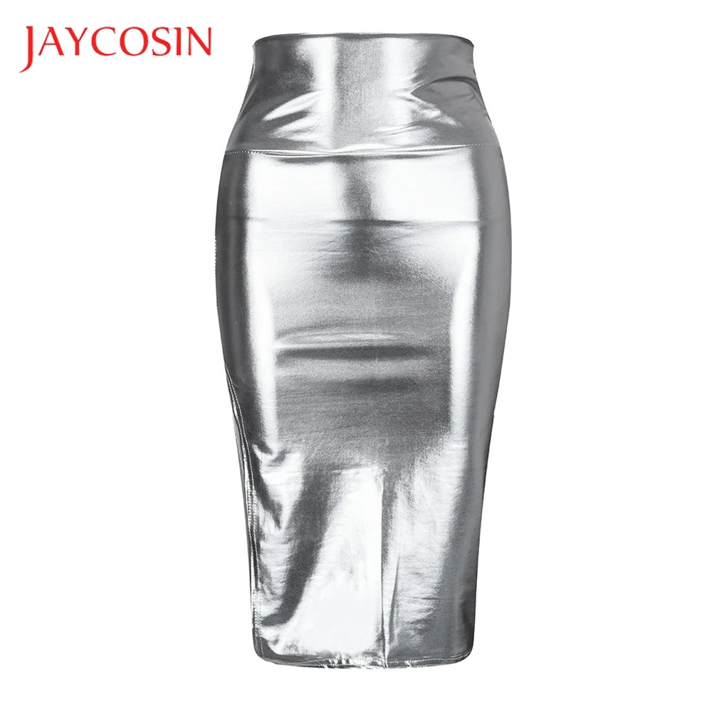 Женская облегающая юбка карандаш JAYCOSIN однотонная блестящая кожаная с высокой