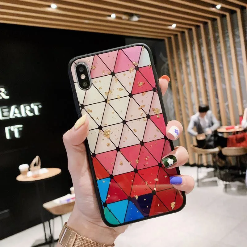 Fashion Geometry Triangle Case for iPhone X XS Max XR Glossy Hard Capa Fundas 8 7 6 6S Plus Luxury Gold Foil Covers |