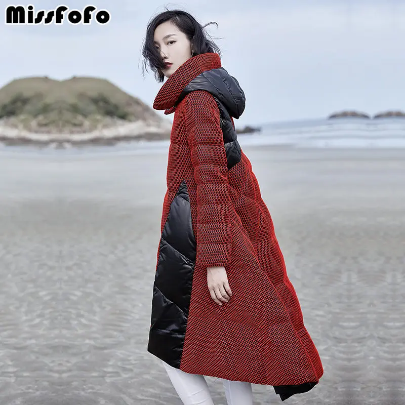 MissFoFo, женские пуховые пальто, CLJ, куртки,, новая мода, пуховик, сетка, пэтчворк, длинная верхняя одежда, женский пуховик