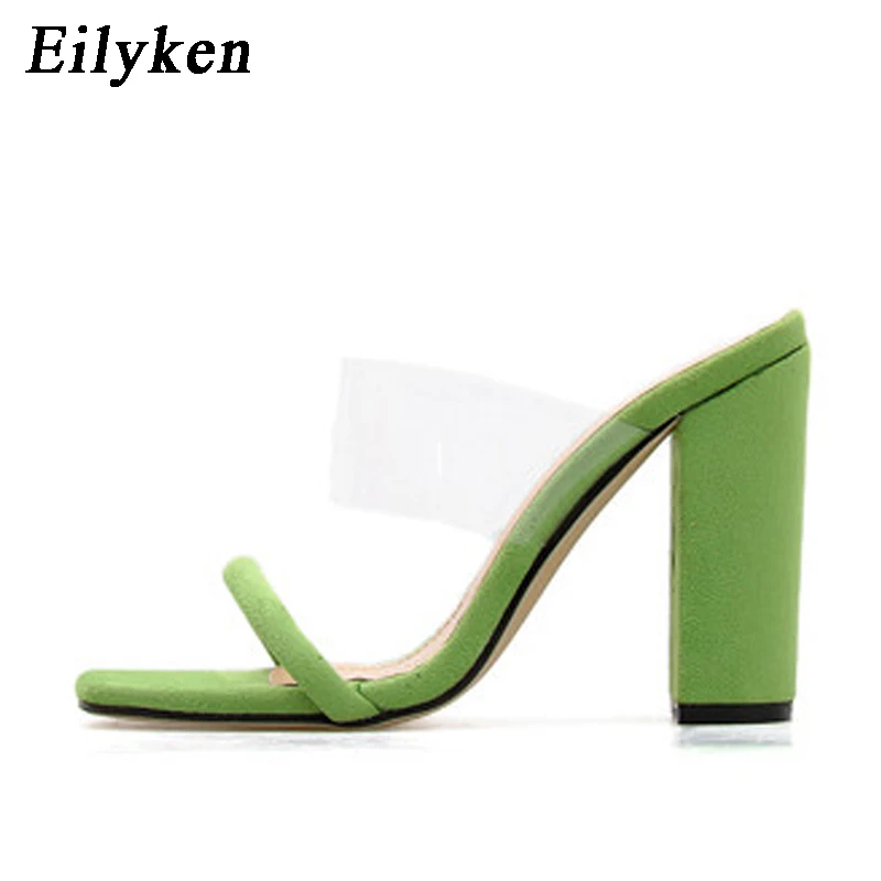 Eilyken/ г., новые летние женские шлепанцы для отдыха модные женские Босоножки с открытым носком вечерние шлепанцы на высоком квадратном каблуке - Цвет: Green