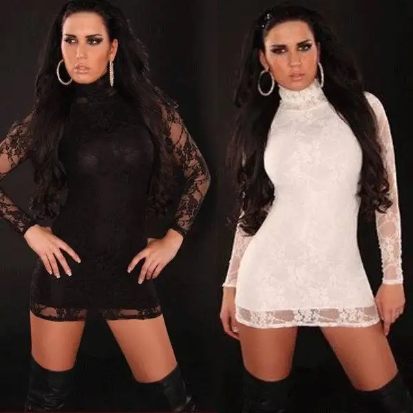 Горячая Распродажа сексуальные кружевные мини платья с высоким воротом модные