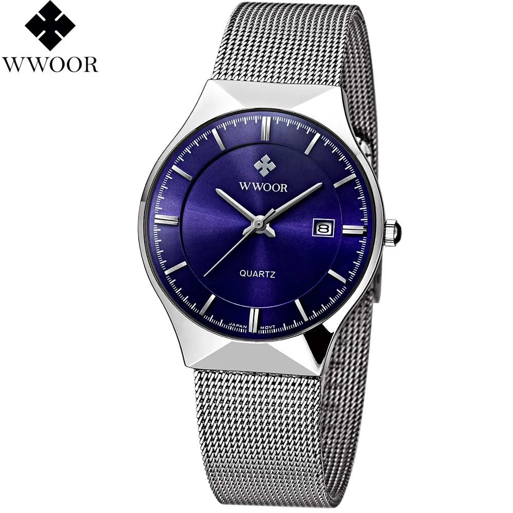 Синий Новая Мода топ luxury brand WWOOR часы мужские кварцевые часы из нержавеющей стали сетка ремешок ультра тонкий циферблат часы relogio masculino - Цвет: Синий