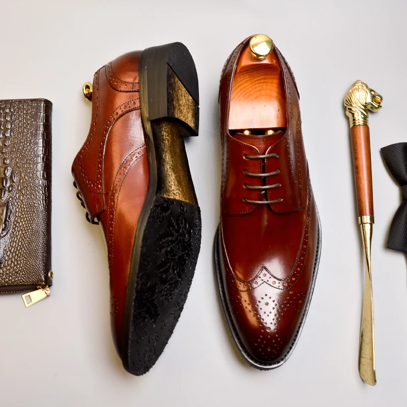 Phenkang/Мужская официальная обувь; мужские туфли-оксфорды из натуральной кожи; Цвет Черный; коллекция года; модельные туфли; свадебные туфли; Кожаные броги на шнурках