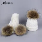 Комплект из 2 предметов, детская зимняя шапка, шарф для девочек, помпоны из натурального меха енота, детская шапка, вязаная зимняя шапка, оптовая продажа