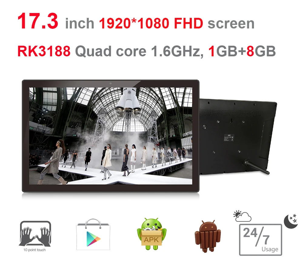 

17,3 дюймов Android сенсорный все в одном ПК/умный киоск/цифровой дисплей вывески (четырехъядерный, Kitkat, wifi,RJ45,USB,USB OTG, последовательный)