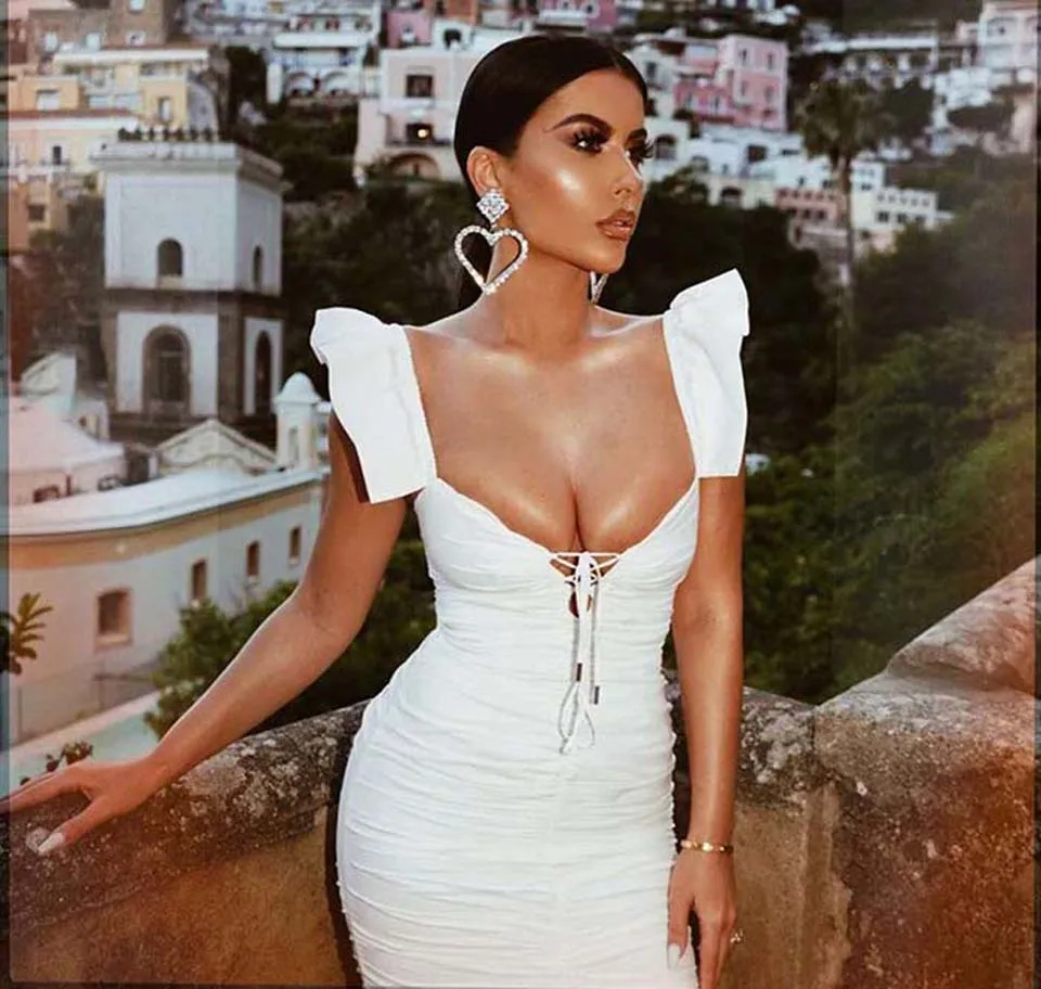 Karlofea Ruched Ruffles платье женское белое хлопковое облегающее мини леди Отдых милые
