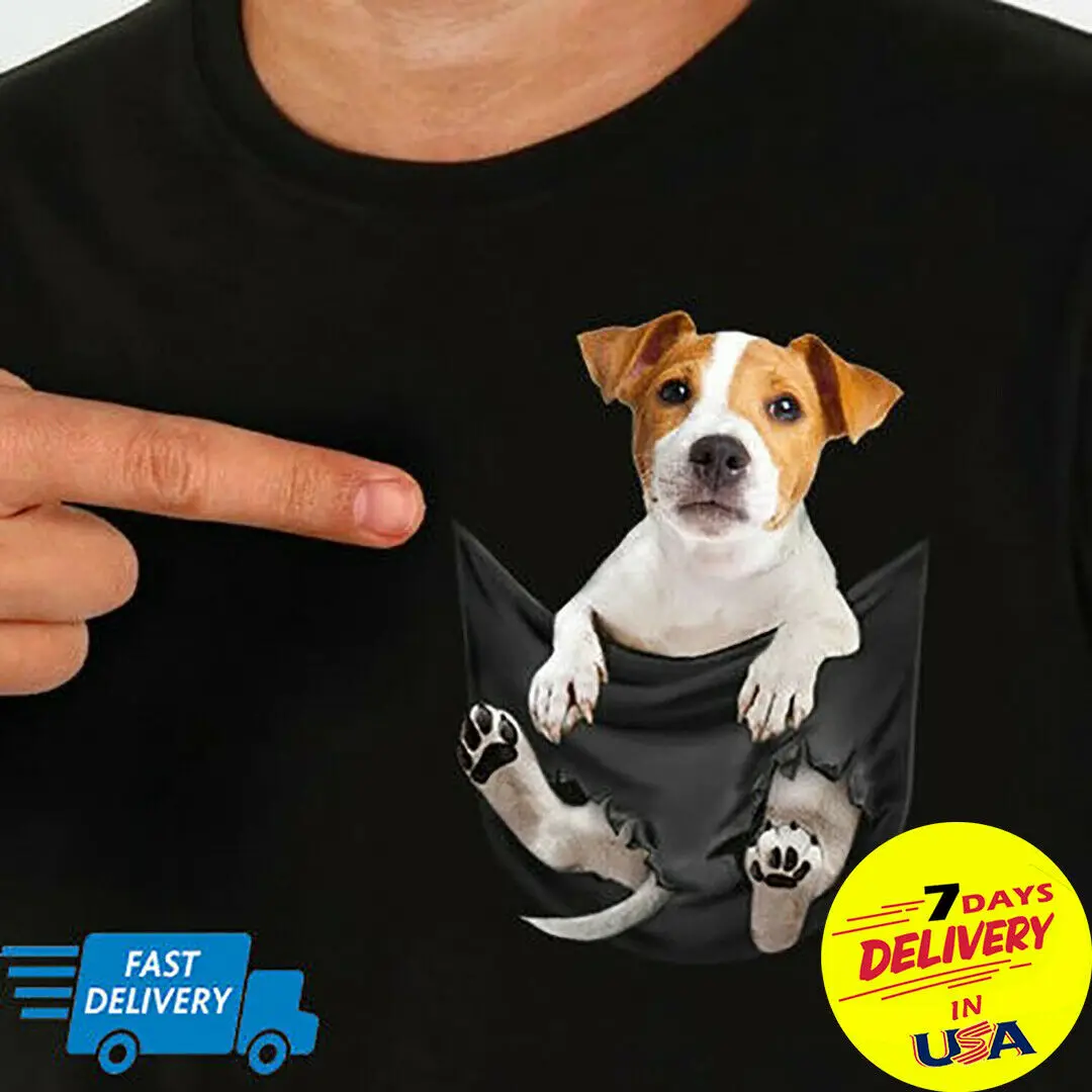 Мужская и женская футболка с карманом Jack russall черная внутри для собак модная