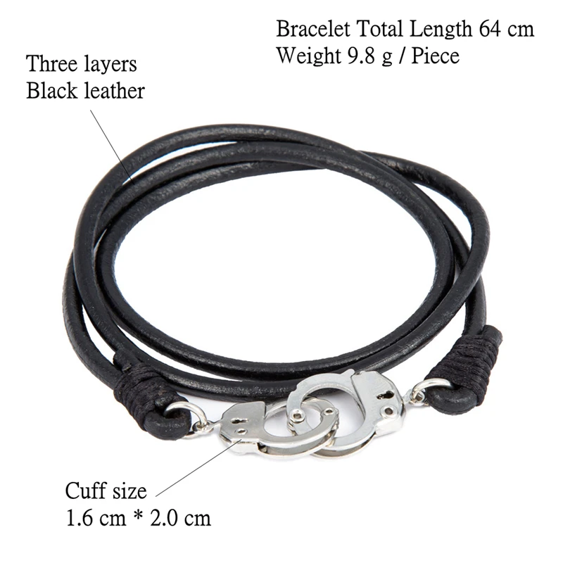 64 CM Black Genuine Leather Men's Handcuff Bracelet Multilayer Pulseira Masculina Menottes For Man Jewelry Gift | Украшения и