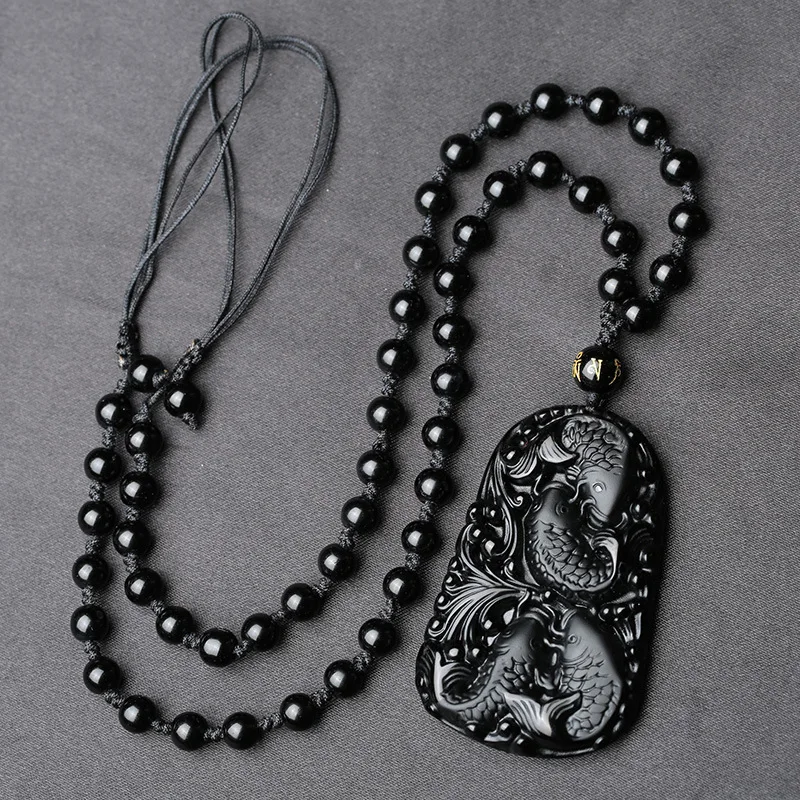 Замечательные китайские ручной работы натуральный черный обсидиан резные рыба