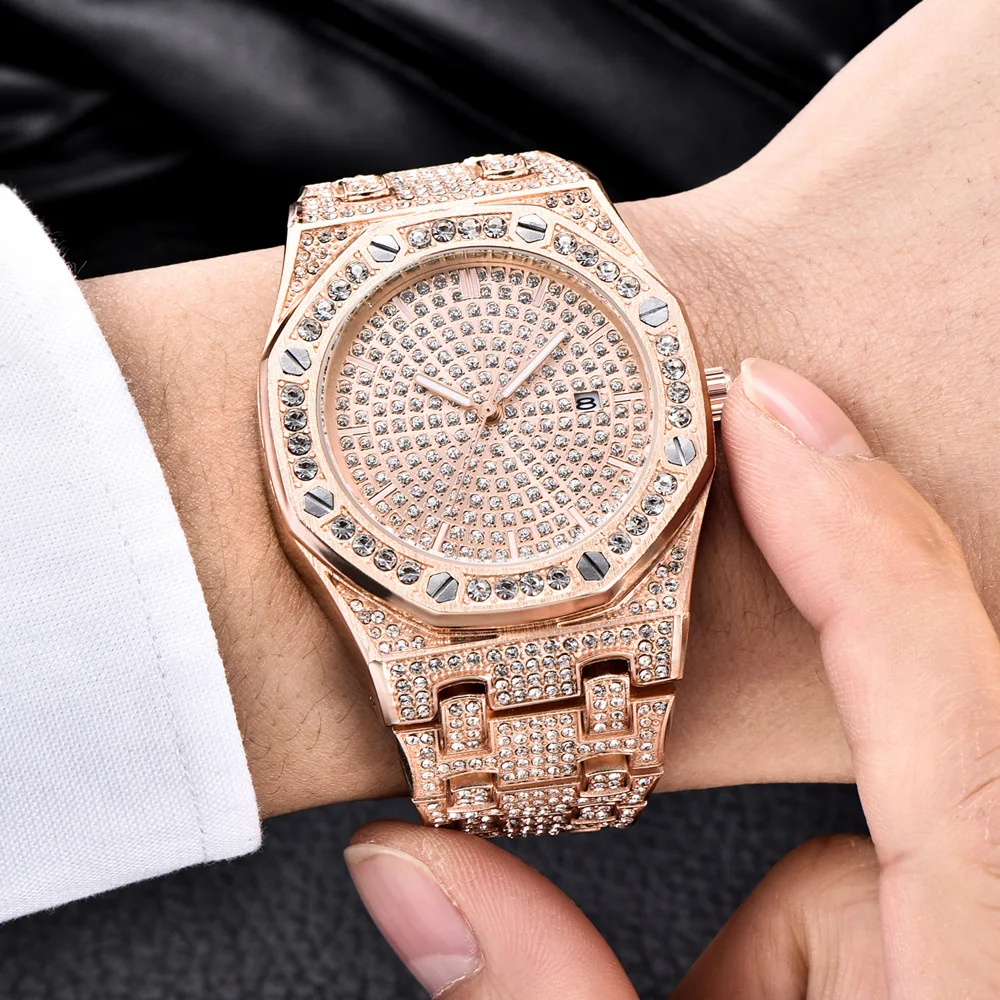 Хип хоп ICED out сверкающие бриллиантовые часы мужские деловые кварцевые наручные