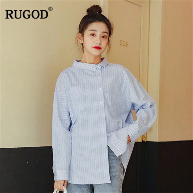 RUGOD Female Long Sleeve Blouse Women striped breasted shirt Casual Office Lady turn down collar top Autumn Blusa |