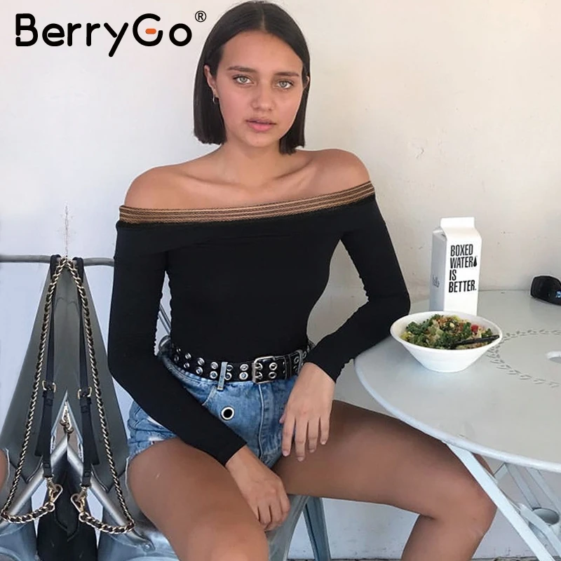 BerryGo сексуальный черный боди с открытыми плечами Кружевное женский осенне зимний