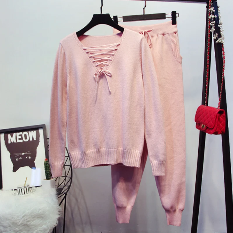 ALPHALMODA, женские зимние вязаные костюмы, шнуровка, v-образный вырез, длинный рукав, свитер+ трикотажные брюки-карандаш, женские повседневные комплекты из 2 предметов