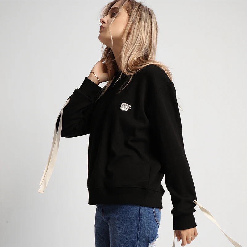 Мода 2018 Толстовка Осенне-зимняя Дамская обувь Роза вышивка черный пуловер