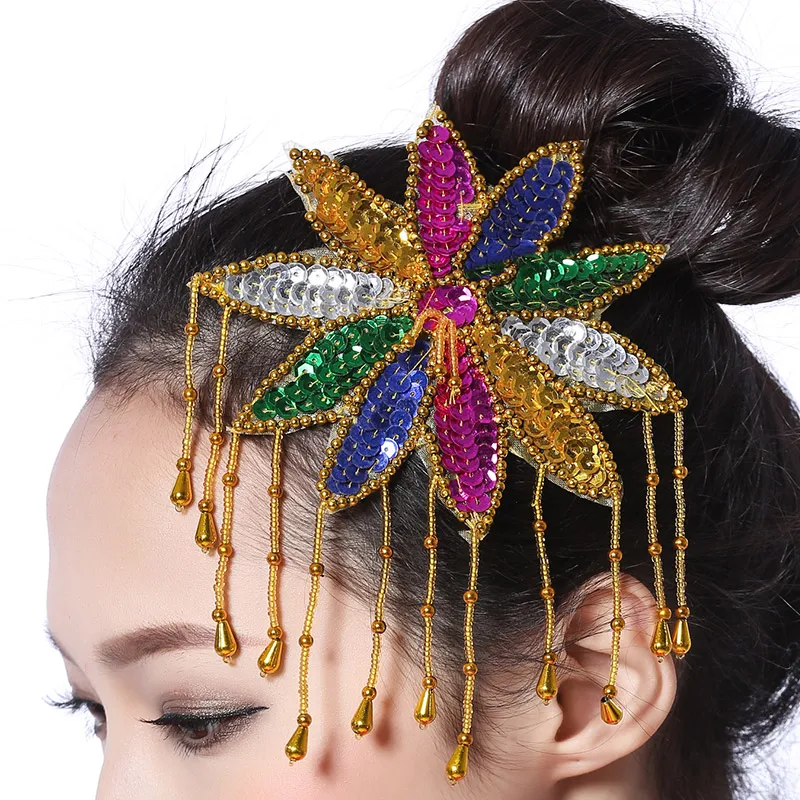 color gold 1 Головной убор для квадратного танца/головной убор с цветком и блестками в этническом стиле, головной убор для классического танца, современный танцевальный костюм, аксессуары - Цвет: color gold 1