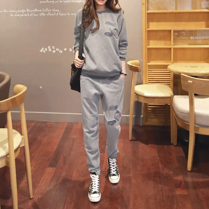 Light Gray Spring Женский спортивный костюм весна осень зима Повседневный красный серый плюс вельветовый толстый Свитшот брюки наборы для женщин размера плюс - Цвет: Light Gray Spring