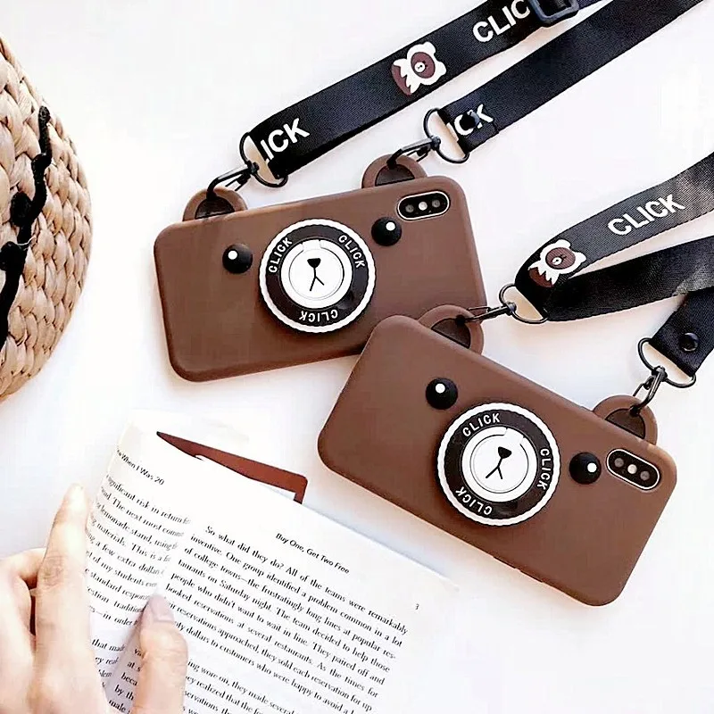Bear Camera Pattern Phone Case For iPhone 8 plus X XR XS Max 6 6s 7 Plus Cute Retro Soft silicone with Lanyard Bracket |