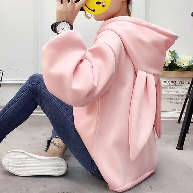 Pink PLAMTEE, милые женские толстовки, толстовка с капюшоном и вышивкой, худи с заячьими ушками, большая толстовка Kpop, свободный спортивный костюм с длинным рукавом - Цвет: Pink