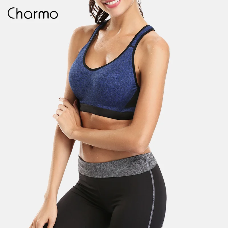 BLU Charmo женский ударопрочный спортивный бюстгальтер Одноцветный бюстгальтер для йоги тренажерного зала крест открытая спина Нижнее белье Фитнес дышащий пуш-ап беговой Топ - Цвет: BLU