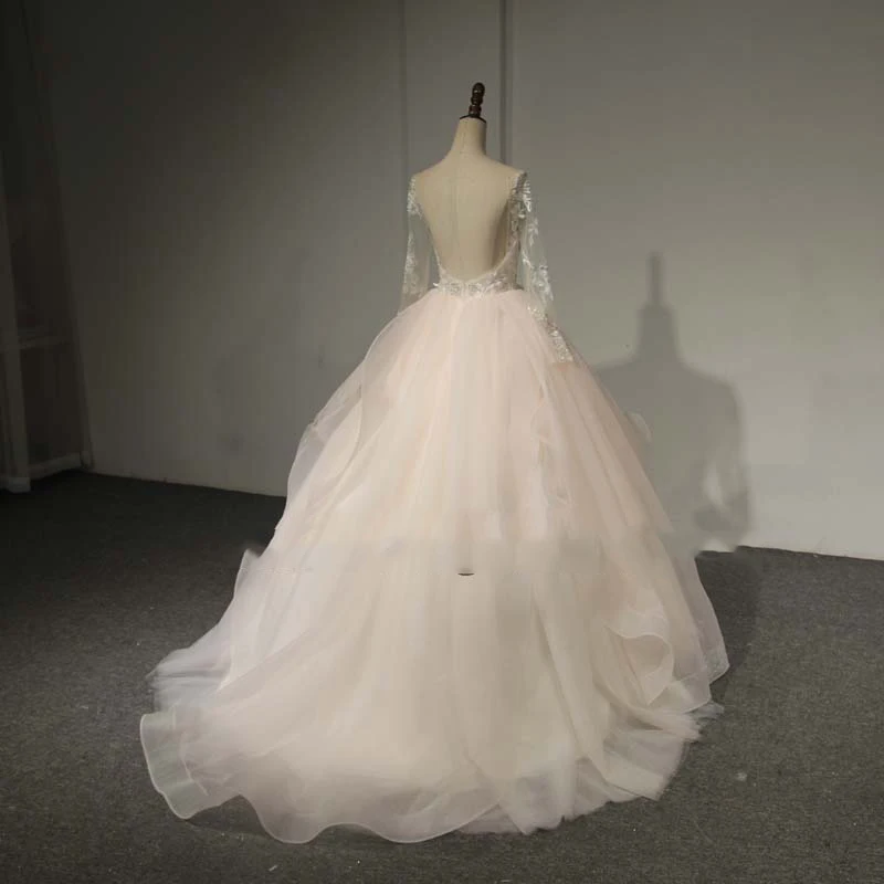 Романтичное розовое свадебное платье с оборками 2018 длинные рукава органза