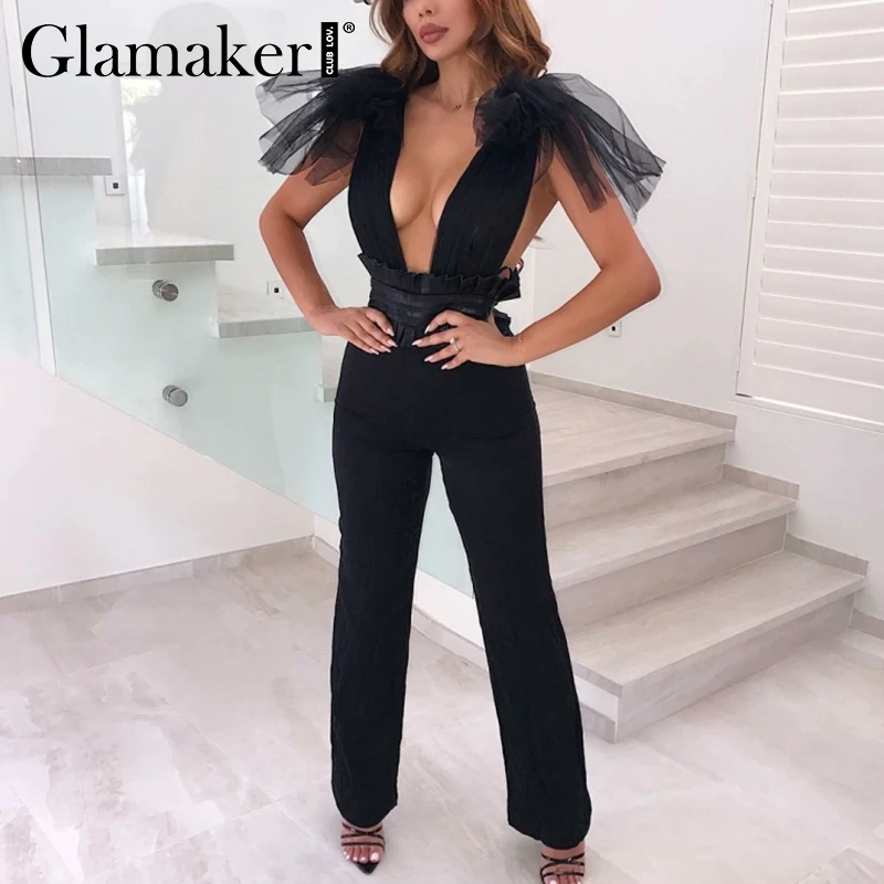 Glamaker глубокий v образный вырез открытая спина сетчатый сексуальный комбинезон