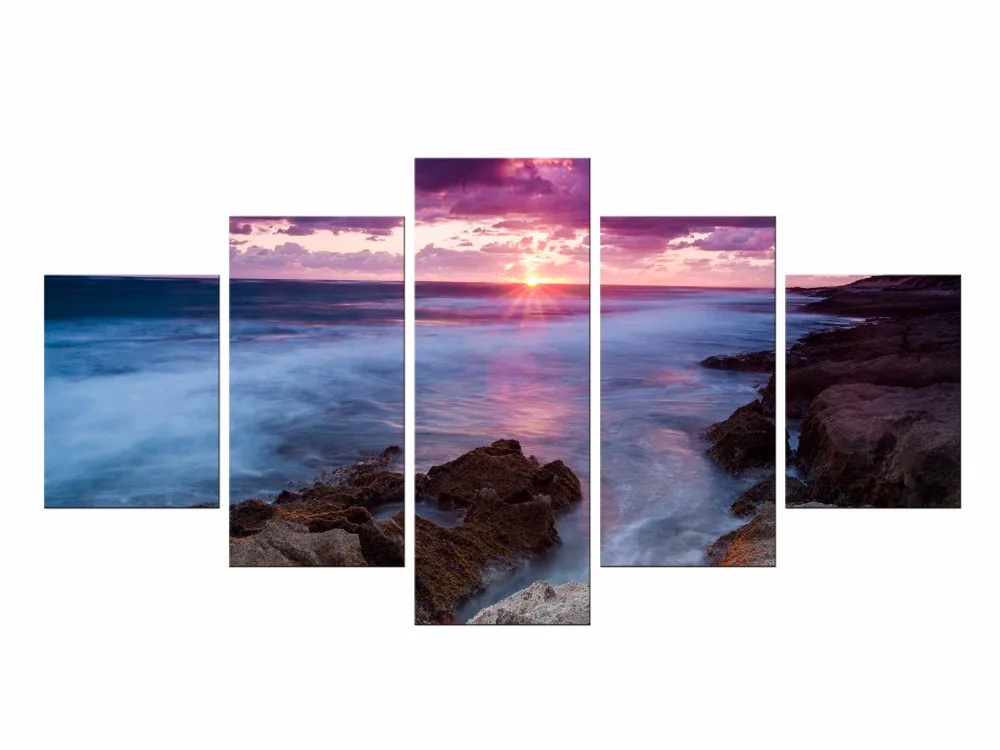 

5 Pieces Free Shipping HD Printed canvas art beach pictures seascape sunset beach painting canvas painting wall pictures Framed