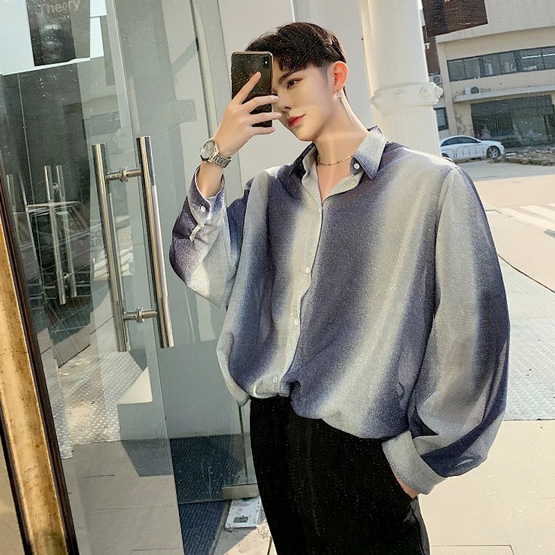 M-XXL!!Spring and autumn gradient color printing dyeing loose long-sleeved shirt tide brand men's temperament net red shirt. | Мужская