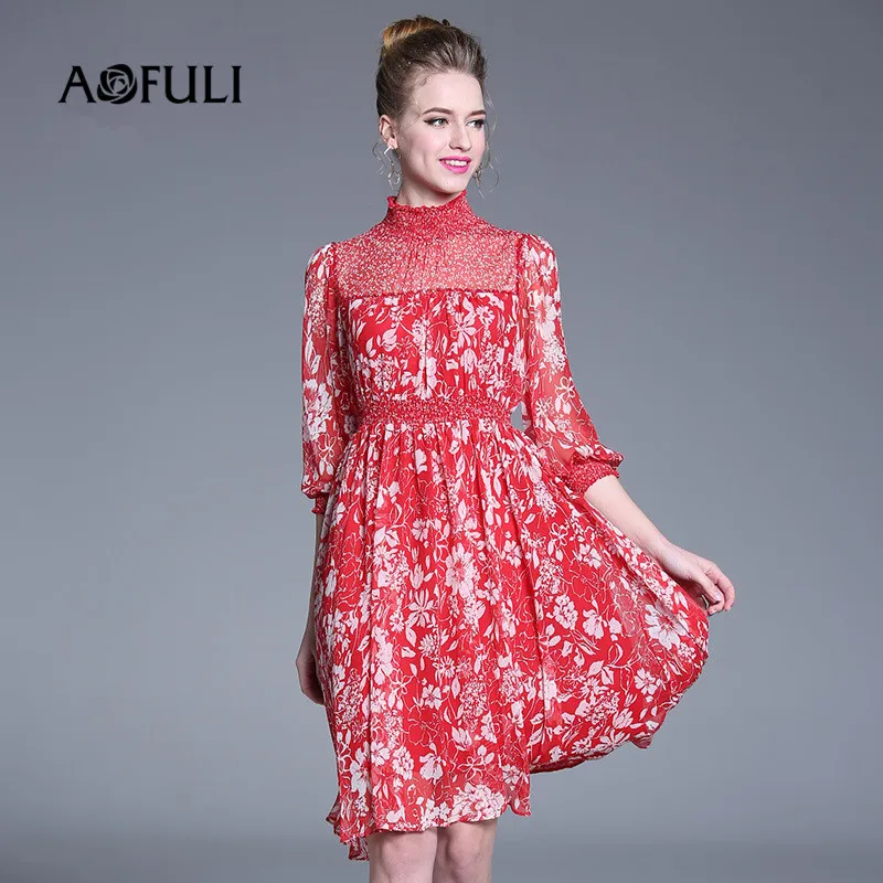 AOFULI Brand Summer Dress Plus size L- XXXL 4XL 5XL 2019 Women 3/4 Sleeve Stand Collar Red Floral Runway Elegant Chiffon Dresses | Женская