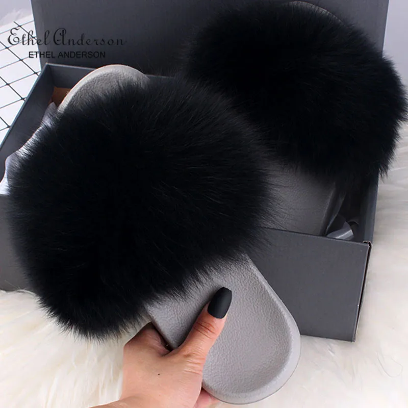 Ethel Anderson Summer Women's Fur Slippers Real Fox Fur Furry Slippers Best Plush Fox Hair Fluffy Slippers Flat Sandals