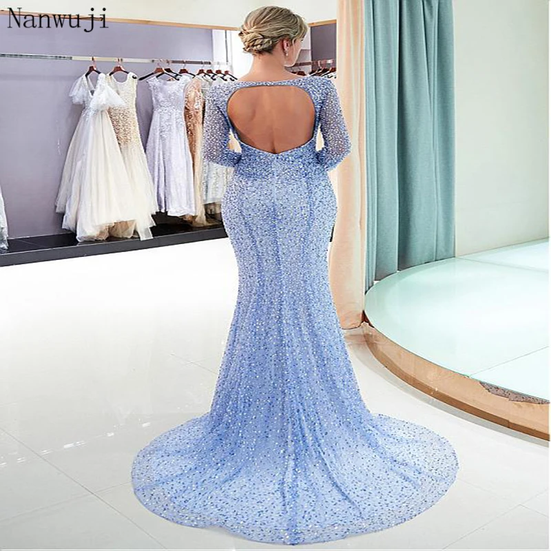 

2018 Glamorous Tulle Scoop Neckline Mermaid Evening Dress With Long Sleeve Backless Heavy Beadings And Crystals