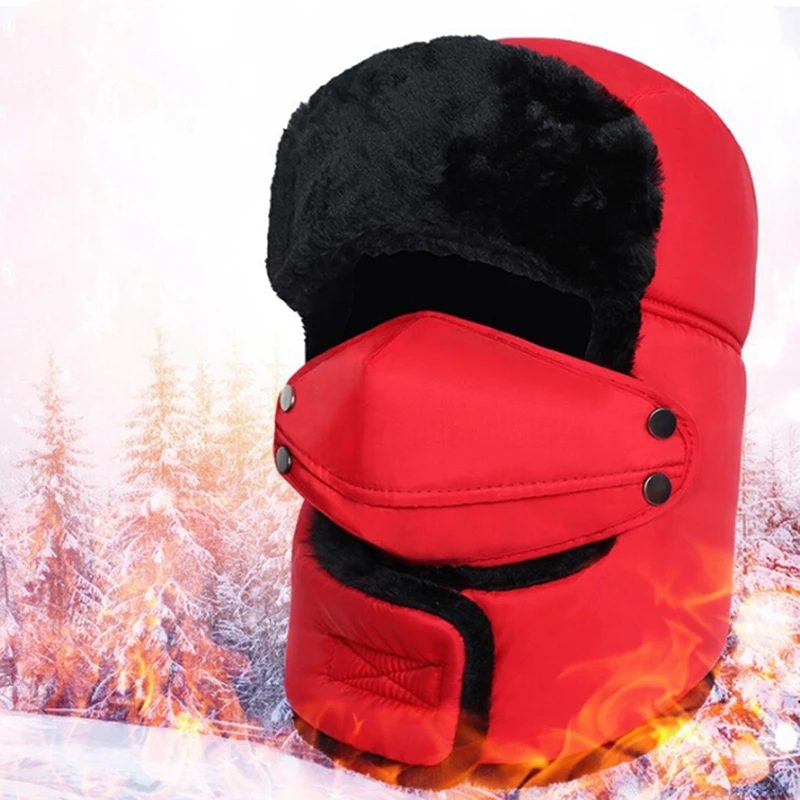 Красный Зимние теплые шапки-бомберы кепки с уход за кожей лица маска Earflap кепки s шарф для мужчин женщин Trapper теплая шапка унисекс Trooper Снег Лыж - Цвет: Красный