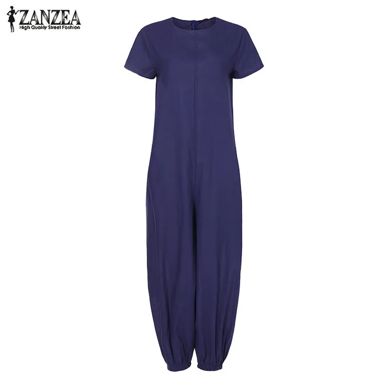 Navy Macacao Feminino женские комбинезоны ZANZEA размера плюс льняные Комбинезоны женские летние брюки женские Combinaison Femme Pantalon 5XL - Цвет: Navy